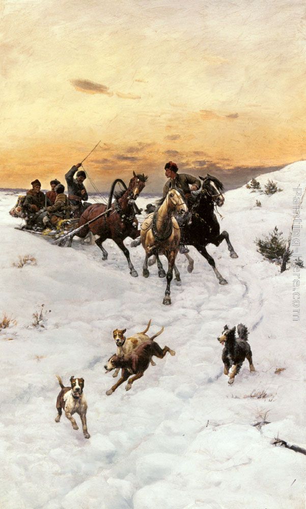 Figures in a Horse drawn Sleigh in a Winter Landscape painting - Bodhan Von Kleczynski Figures in a Horse drawn Sleigh in a Winter Landscape art painting